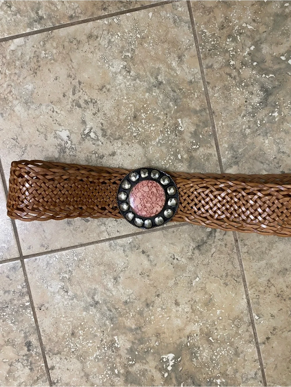 Handmade Moroccan Braided Leather Belt Crushed Pink Stone Medallion Buckle 45”L